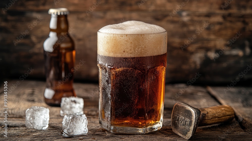 A classic glass of root beer with frothy foam on top, surrounded by ice cubes, with a vintage soda cap opener and bottle nearby, set against a rustic wooden background.